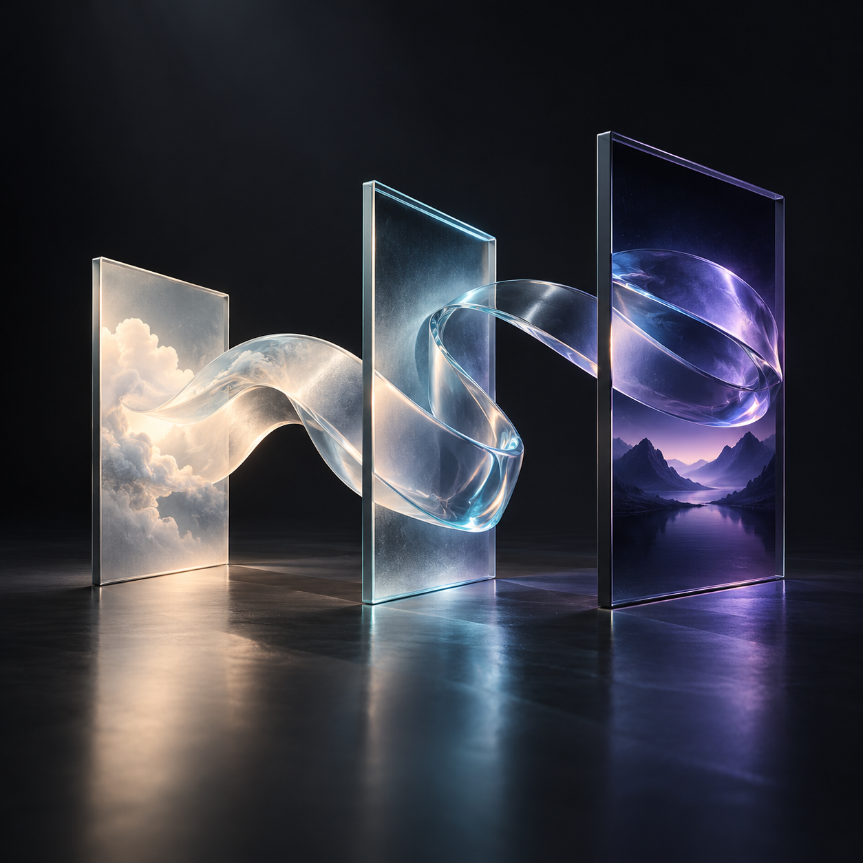 An original glass ribbon illustration representing a story moving through cinematic frames.
